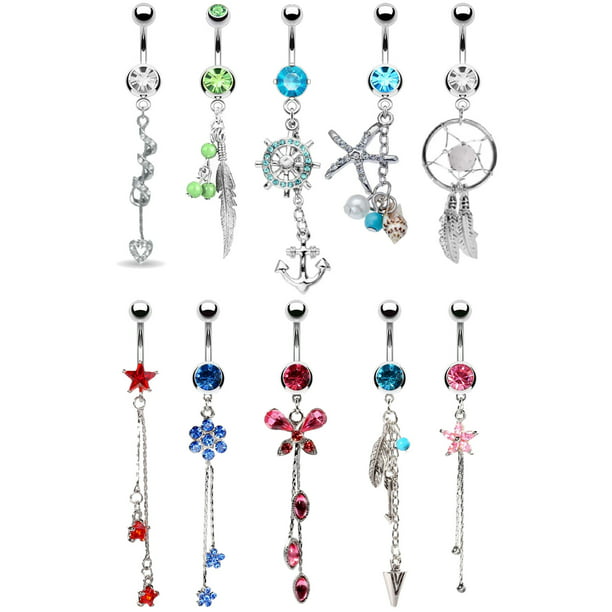 Belly Button Rings 14g Fancy Dangle Mix Randomly Surgical Steel 10 Pack